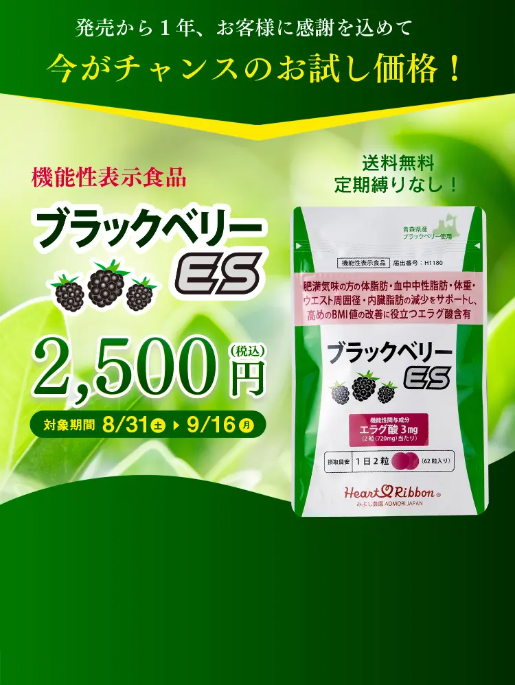 ハートリボンの「ブラックベリーES」。期間限定、送料無料！発売から１年、感謝を込めてのお試し価格2,500円！！送料無料！定期縛りなし！